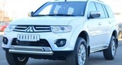 8 299 р. Защита порогов с круглыми вставками для ног из овальной трубы диаметром 75x42 мм (рестайлинг) Russtal Mitsubishi Pajero Sport PB дорестайлинг (2008-2013)  с доставкой в г. Вологда. Увеличить фотографию 3