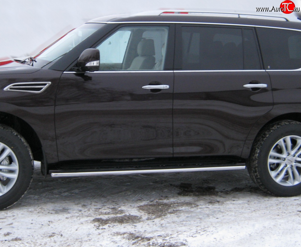 9 999 р. Защита порогов Russtal из круглой трубы диаметром 42 мм Nissan Patrol 6 Y62 дорестайлинг (2010-2014) (Защита порогов с со скосами на торцах (вариант 1))  с доставкой в г. Вологда