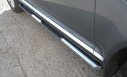 Защита порогов SLITKOFF из трубы d76 мм с пластиковыми вставками для ног Volkswagen Touareg 2 NF дорестайлинг (2010-2014) (Защита порогов с со скосами на торцах (вариант 1))