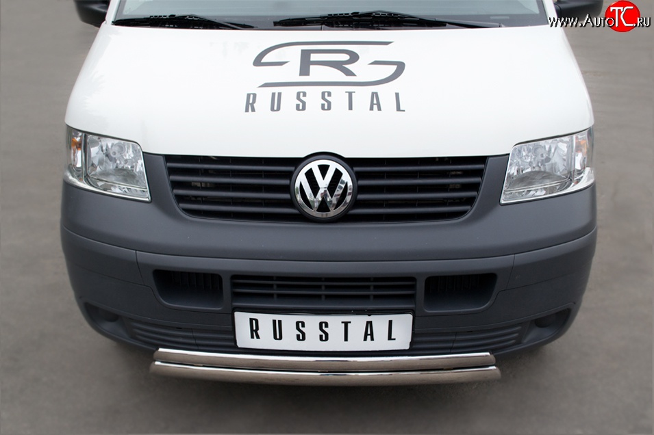 16 849 р. Защита переднего бампера (2 трубыØ75х42 мм, нержавейка) Russtal Volkswagen Transporter T5 дорестайлинг (2003-2009)  с доставкой в г. Вологда