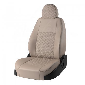 Чехлы для сидений (G11/G15) Lord Autofashion Турин Соты (экокожа) Nissan Almera G15 седан (2012-2019) (Бежевый, вставка Бежевая, строчка Бежевая)