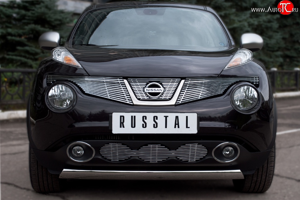 9 449 р. Защита переднего бампера (Ø75x42 мм, нержавейка, 4х4) Russtal Nissan Juke 1 YF15 дорестайлинг (2010-2014)  с доставкой в г. Вологда