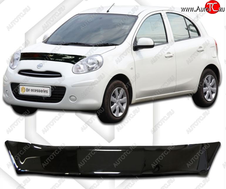 1 999 р. Дефлектор капота CA-Plastic Nissan Micra K13 5 дв. дорестайлинг (2010-2013) (Classic черный, Без надписи)  с доставкой в г. Вологда