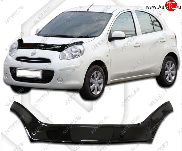 2 399 р. Дефлектор капота CA-Plastiс exclusive  Nissan Micra  K13 (2010-2013) 5 дв. дорестайлинг (Classic черный, Без надписи)  с доставкой в г. Вологда