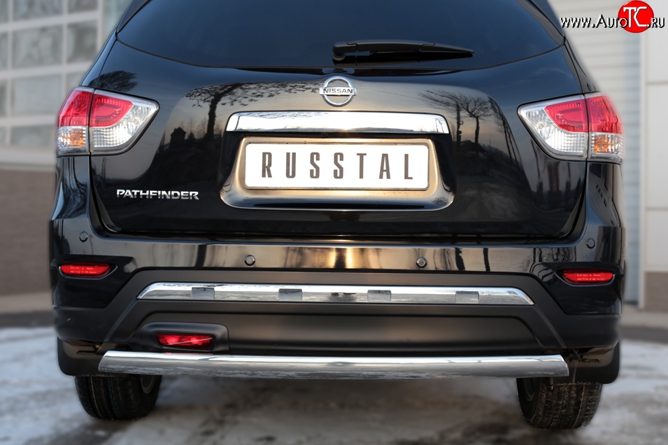 11 599 р. Защита заднего бампера (Ø75x42 мм, нержавейка) Russtal Nissan Pathfinder R52 дорестайлинг (2012-2017)  с доставкой в г. Вологда
