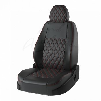 Чехлы для сидений Lord Autofashion Турин Ромб (экокожа) Nissan Qashqai 1 J10 рестайлинг (2010-2013) (Чёрный, вставка чёрная, строчка красная)