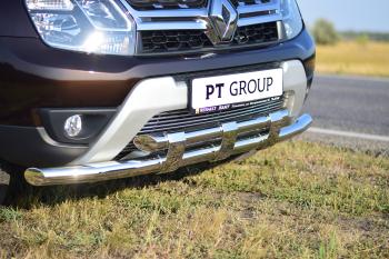 27 199 р. Защита переднего бампера PT GROUP двойная с пластинами Ø63/63мм (НПС) RENAULT Duster 2016- Renault Duster HS рестайлинг (2015-2021) (Нержавеющая полированная сталь)  с доставкой в г. Вологда. Увеличить фотографию 4