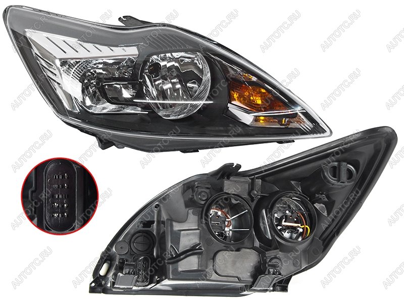 4 599 р. Правая фара SAT (с эл. корректором, чёрная) Ford Focus 2 седан рестайлинг (2007-2011)  с доставкой в г. Вологда