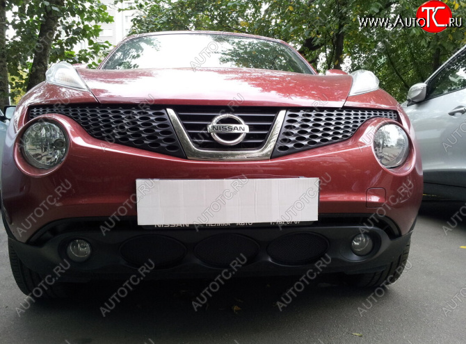 3 199 р. Защитная сетка в бампер (низ, ячейка 3х7 мм) Стрелка11 Стандарт  Nissan Juke  1 YF15 (2010-2014) дорестайлинг (Чёрная)  с доставкой в г. Вологда