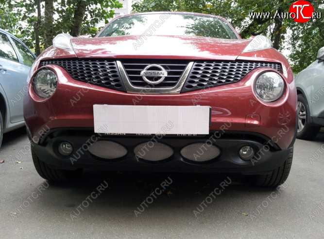 3 399 р. Защитная сетка в бампер (низ, ячейка 3х7 мм) Стрелка11 Стандарт  Nissan Juke  1 YF15 (2010-2014) дорестайлинг (Хром)  с доставкой в г. Вологда