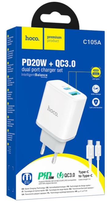469 р. Устройство зарядное в розетку 1USB + 1 Type C 220V HOCO HOCO c105a white  с доставкой в г. Вологда. Увеличить фотографию 5