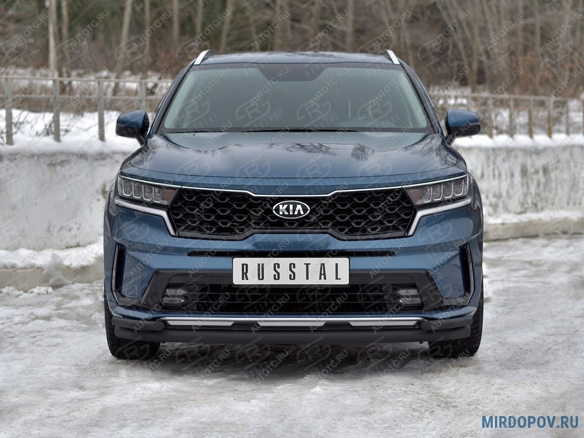 12 949 р. Защита переднего бампера d63 секции-d42 уголки SLITKOFF KIA Sorento MQ4 (2020-2022) (нержавейка окрашенная в черный цыет)  с доставкой в г. Вологда