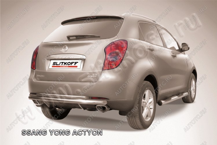 11 599 р. Защита заднего бампера d57+d42 двойная длинная Slitkoff SSANGYONG Actyon дорестайлинг (2010-2013) (нержавейка полированная)  с доставкой в г. Вологда