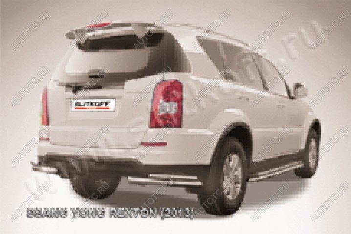 9 599 р. Защита заднего бампера уголки d57+d42 двойные Slitkoff SSANGYONG Rexton Y290 (2012-2017) (нержавейка полированная)  с доставкой в г. Вологда