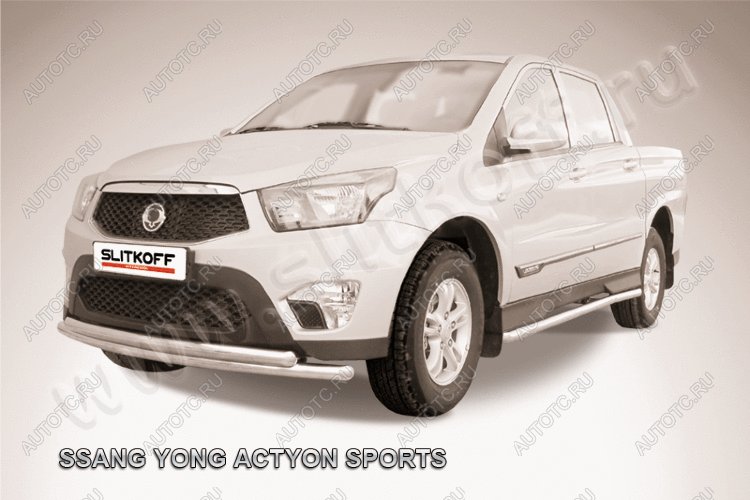 13 999 р. Защита переднего бампера d57+d57 двойная радиусная Slitkoff SSANGYONG Actyon Sport (2012-2025) (нержавейка полированная)  с доставкой в г. Вологда