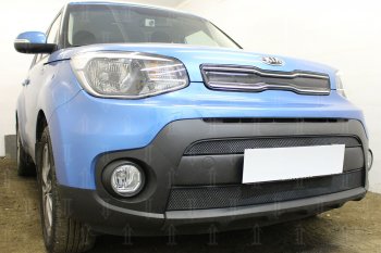 4 849 р. Защитная сетка в бампер (2 части, ячейка 3х7 мм) Alfeco Стандарт  KIA Soul  PS (2017-2019) рестайлинг (Чёрная)  с доставкой в г. Вологда. Увеличить фотографию 2
