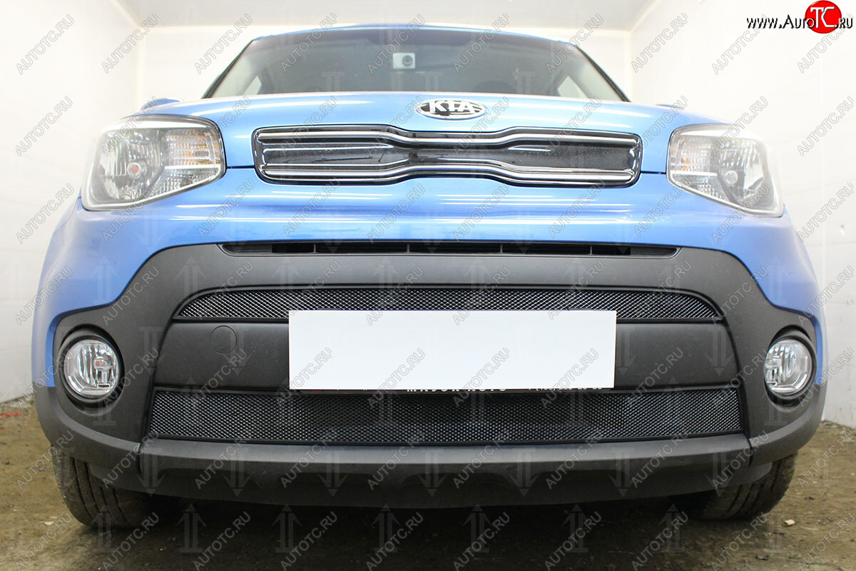 4 849 р. Защитная сетка в бампер (2 части, ячейка 3х7 мм) Alfeco Стандарт  KIA Soul  PS (2017-2019) рестайлинг (Чёрная)  с доставкой в г. Вологда