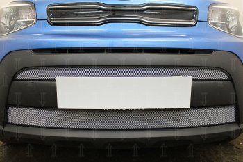 4 999 р. Защитная сетка в бампер (2 части, ячейка 3х7 мм) Alfeco Стандарт  KIA Soul  PS (2017-2019) рестайлинг (Хром)  с доставкой в г. Вологда. Увеличить фотографию 3
