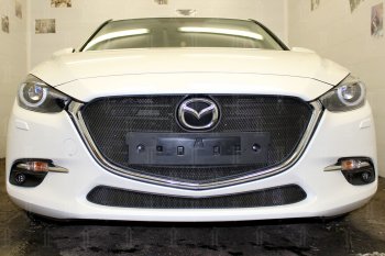 Защитная сетка в бампер (низ, ячейка 3х7 мм) Alfeco Стандарт Mazda 3/Axela  BM (2016-2019) рестайлинг седан, рестайлинг, хэтчбэк (Чёрная)