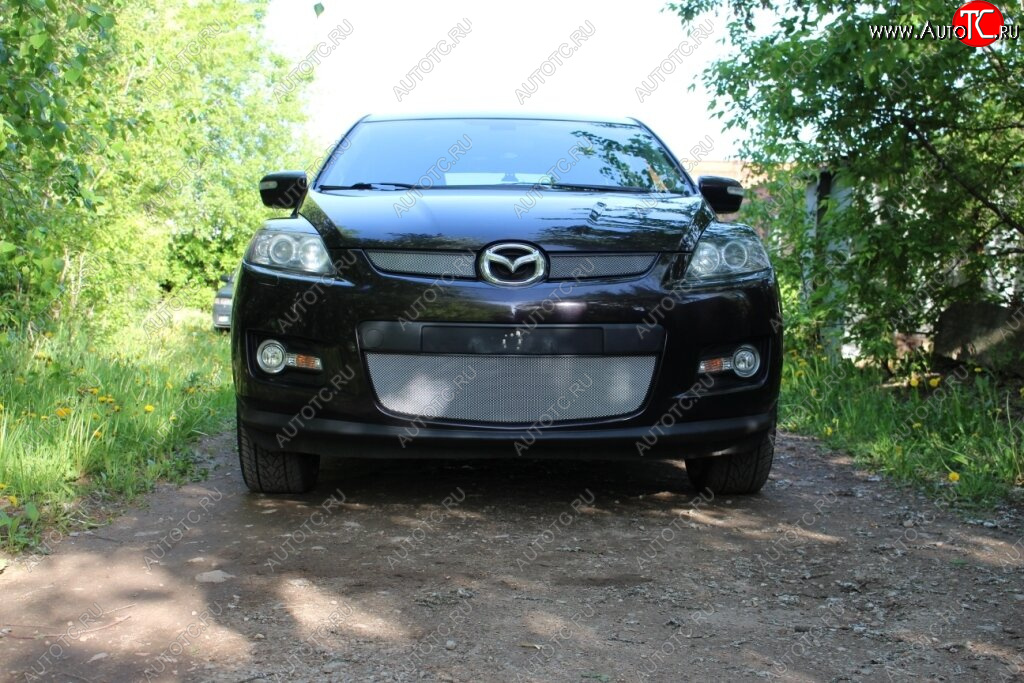 3 399 р. Защитная сетка в бампер (низ, ячейка 3х7 мм) Alfeco Стандарт Mazda CX-7 ER дорестайлинг (2006-2010) (Хром)  с доставкой в г. Вологда