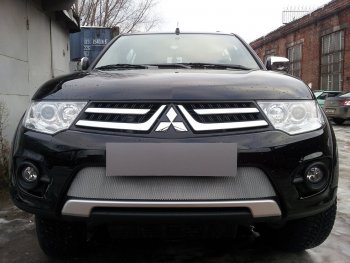 Защитная сетка в бампер (низ, ячейка 3х7 мм) Alfeco Стандарт Mitsubishi L200  4 - Pajero Sport  PB (Хром)