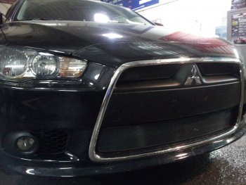 5 849 р. Защитная сетка в бампер (3 части, ячейка 3х7 мм) Alfeco Стандарт Mitsubishi Lancer 10 CY седан рестайлинг (2011-2017) (Чёрная)  с доставкой в г. Вологда. Увеличить фотографию 3