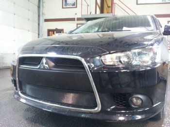 5 849 р. Защитная сетка в бампер (3 части, ячейка 3х7 мм) Alfeco Стандарт Mitsubishi Lancer 10 CY седан рестайлинг (2011-2017) (Чёрная)  с доставкой в г. Вологда. Увеличить фотографию 2
