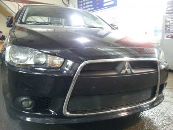 Защитная сетка в бампер (3 части, ячейка 3х7 мм) Alfeco Стандарт Mitsubishi Lancer 10 CY седан рестайлинг (2011-2017) (Чёрная)