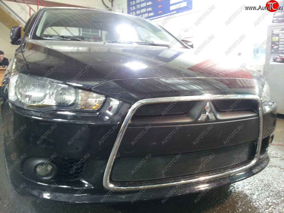 5 849 р. Защитная сетка в бампер (3 части, ячейка 3х7 мм) Alfeco Стандарт Mitsubishi Lancer 10 CY седан рестайлинг (2011-2017) (Чёрная)  с доставкой в г. Вологда