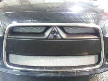 5 999 р. Защитная сетка в бампер (3 части, ячейка 3х7 мм) Alfeco Стандарт Mitsubishi Lancer 10 CY седан рестайлинг (2011-2017) (Хром)  с доставкой в г. Вологда. Увеличить фотографию 3