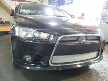 Защитная сетка в бампер (3 части, ячейка 3х7 мм) Alfeco Стандарт Mitsubishi Lancer 10 CY седан рестайлинг (2011-2017) (Хром)