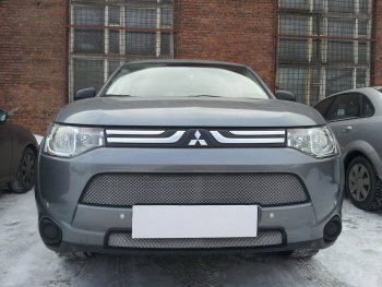 Защитная сетка в бампер (2 части, ячейка 3х7 мм) Alfeco Стандарт Mitsubishi Outlander  GF (2012-2014) дорестайлинг (Хром)
