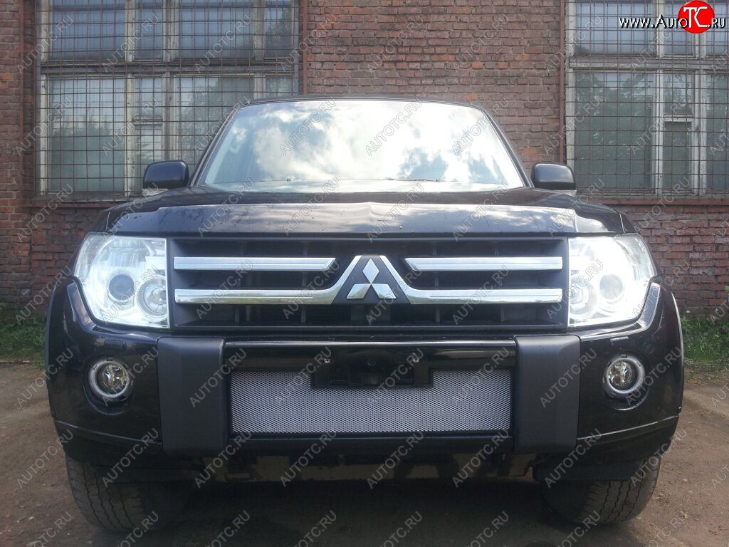 3 299 р. Защитная сетка в бампер (низ, ячейка 3х7 мм) Стрелка11 Стандарт Mitsubishi Pajero 4 V80 дорестайлинг (2006-2011) (Хром)  с доставкой в г. Вологда