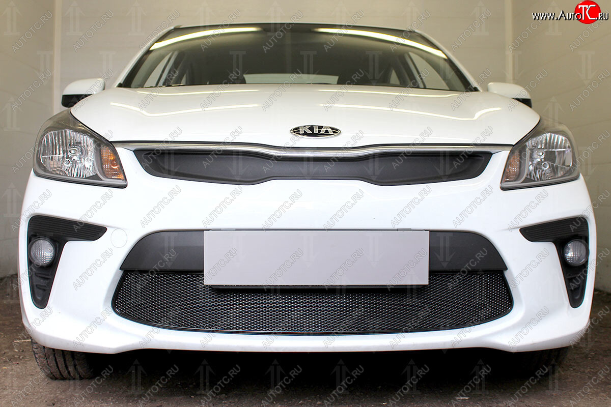 4 299 р. Защитная сетка в бампер (низ, ячейка 4х10 мм) Alfeco Премиум  KIA Rio  4 YB (2017-2020) дорестайлинг, хэтчбэк (Чёрная)  с доставкой в г. Вологда