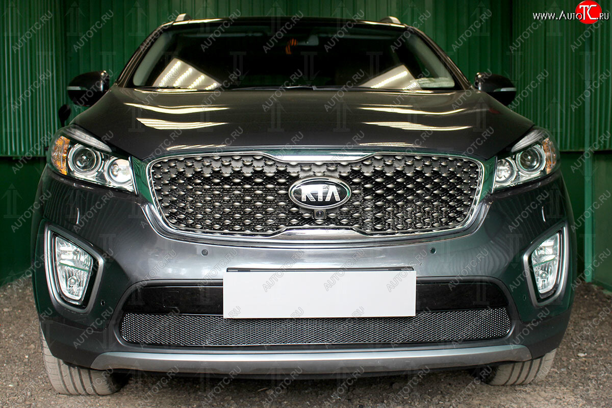 4 299 р. Защитная сетка в бампер (низ, ячейка 4х10 мм) Alfeco Премиум KIA Sorento UM/Prime дорестайлинг (2014-2018) (Чёрная)  с доставкой в г. Вологда