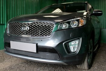4 299 р. Защитная сетка в бампер (низ, ячейка 4х10 мм) Alfeco Премиум KIA Sorento UM/Prime дорестайлинг (2014-2018) (Чёрная)  с доставкой в г. Вологда. Увеличить фотографию 2