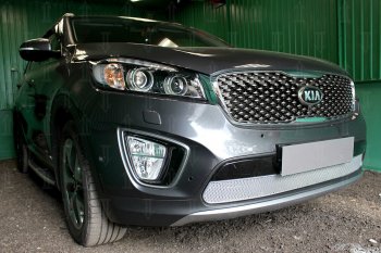 4 549 р. Защитная сетка в бампер (низ, ячейка 4х10 мм) Alfeco Премиум KIA Sorento UM/Prime дорестайлинг (2014-2018) (Хром)  с доставкой в г. Вологда. Увеличить фотографию 2