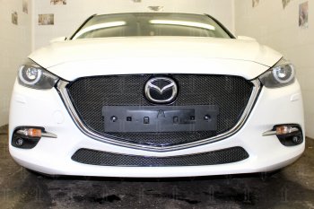 Защитная сетка в бампер (низ, ячейка 4х10 мм) Alfeco Премиум Mazda 3/Axela  BM (2016-2019) рестайлинг седан, рестайлинг, хэтчбэк (Чёрная)