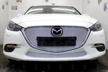 Защитная сетка в бампер (низ, ячейка 4х10 мм) Alfeco Премиум Mazda 3/Axela  BM (2016-2019) рестайлинг седан, рестайлинг, хэтчбэк (Хром)