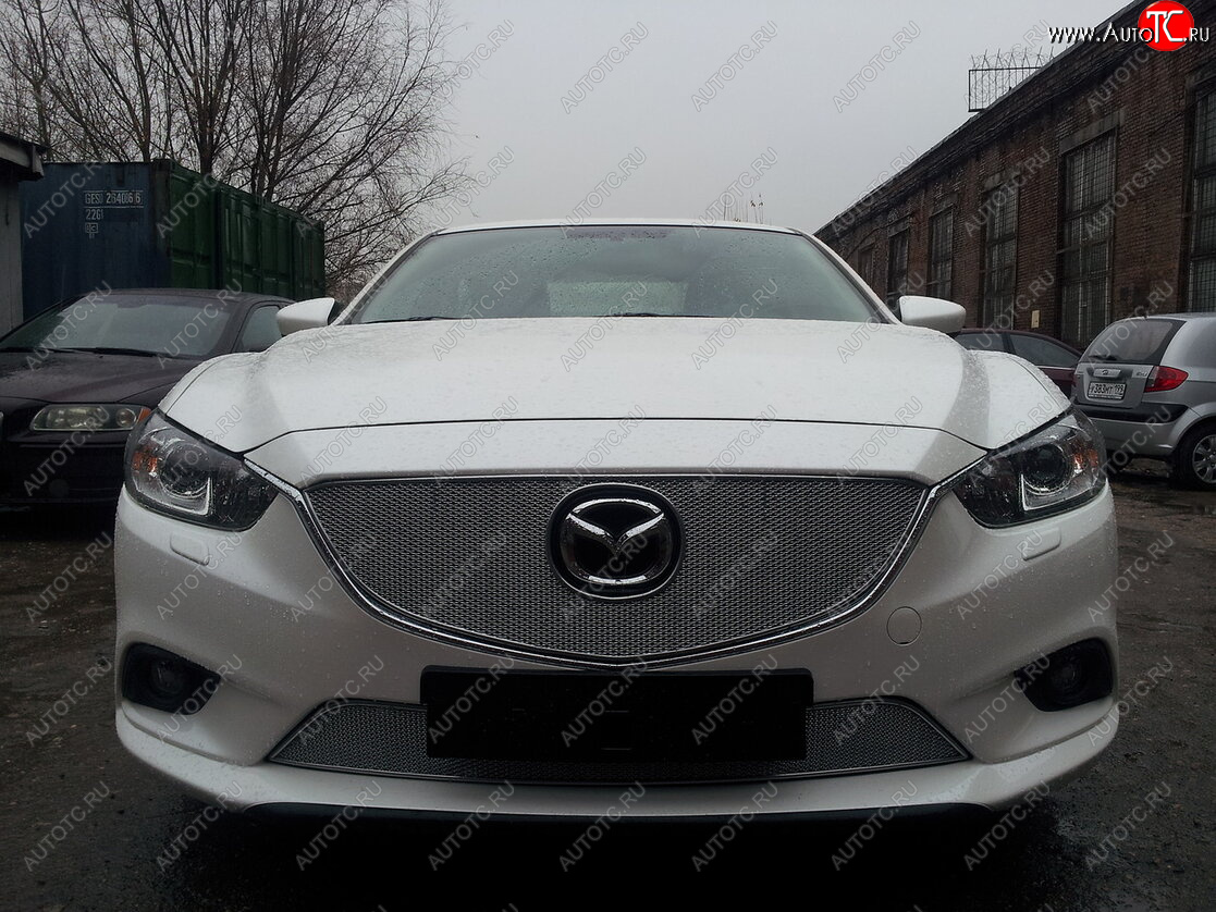 5 399 р. Защитная сетка в бампер (верх, ячейка 4х10 мм) Alfeco Премиум  Mazda 6  GJ (2012-2015) дорестайлинг седан, дорестайлинг универсал (Хром)  с доставкой в г. Вологда