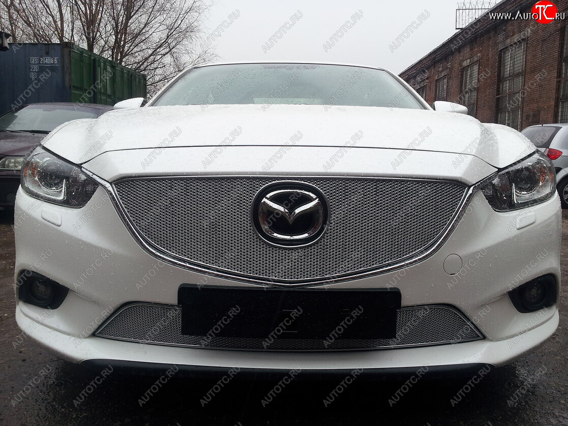 4 399 р. Защитная сетка в бампер (низ, ячейка 4х10 мм) Alfeco Премиум Mazda 6 GJ дорестайлинг универсал (2012-2015) (Хром)  с доставкой в г. Вологда