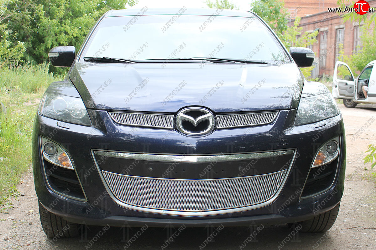 4 299 р. Защитная сетка в бампер (низ, ячейка 4х10 мм) Alfeco Премиум Mazda CX-7 ER рестайлинг (2010-2012) (Хром)  с доставкой в г. Вологда