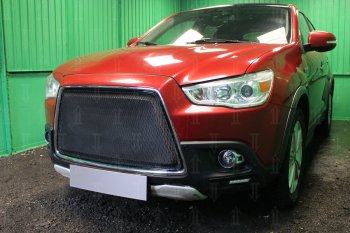 7 249 р. Защитная сетка в бампер (3D, ячейка 4х10 мм) Alfeco Премиум Mitsubishi ASX дорестайлинг (2010-2012) (Чёрная)  с доставкой в г. Вологда. Увеличить фотографию 2