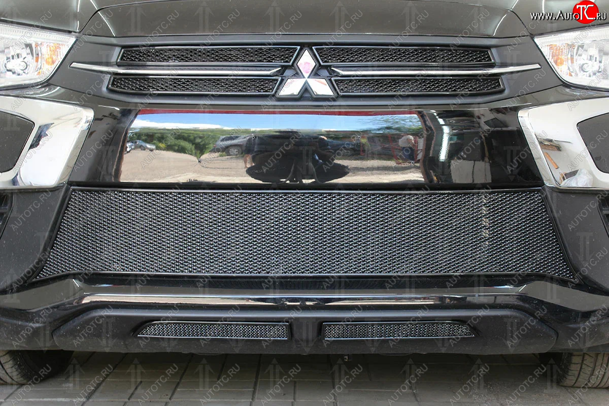 5 249 р. Защитная сетка в бампер (середина, ячейка 4х10 мм) Alfeco Премиум Mitsubishi ASX 2-ой рестайлинг (2017-2020) (Чёрная)  с доставкой в г. Вологда