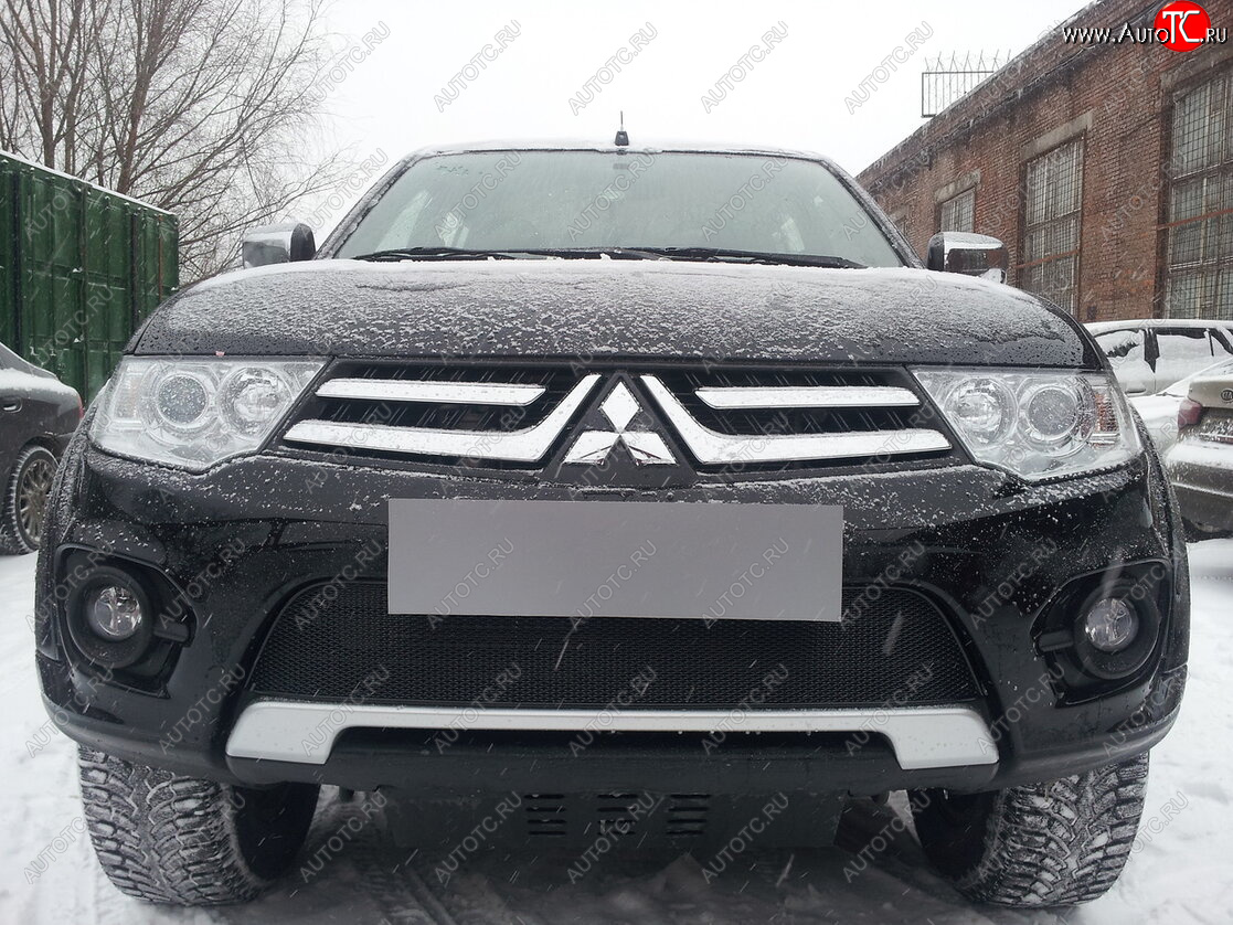 4 299 р. Защитная сетка в бампер (низ, ячейка 4х10 мм) Alfeco Премиум  Mitsubishi L200  4 - Pajero Sport  PB (Чёрная)  с доставкой в г. Вологда