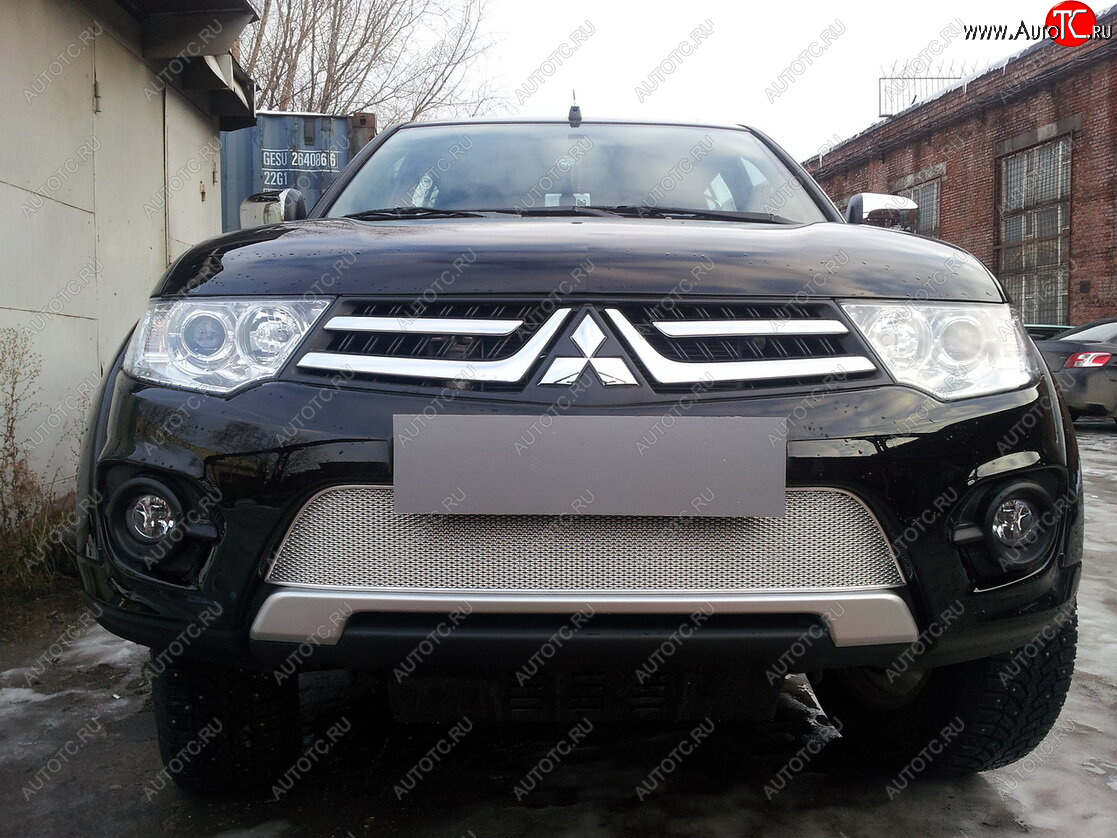 4 299 р. Защитная сетка в бампер (низ, ячейка 4х10 мм) Alfeco Премиум  Mitsubishi L200  4 - Pajero Sport  PB (Хром)  с доставкой в г. Вологда