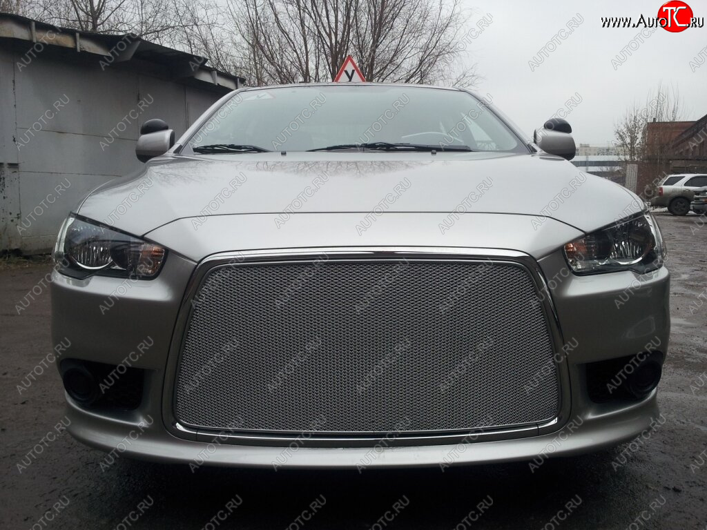 6 199 р. Защитная сетка в бампер (ячейка 3х7 мм) Alfeco Стандарт Mitsubishi Lancer 10 CY седан рестайлинг (2011-2017) (Хром)  с доставкой в г. Вологда