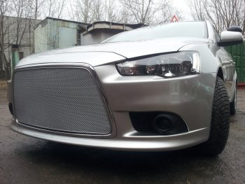 6 199 р. Защитная сетка в бампер (ячейка 3х7 мм) Alfeco Стандарт Mitsubishi Lancer 10 CY седан рестайлинг (2011-2017) (Хром)  с доставкой в г. Вологда. Увеличить фотографию 2