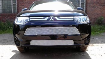 Защитная сетка в бампер (верх, ячейка 3х7 мм) Alfeco Стандарт Mitsubishi Outlander  GF (2012-2014) дорестайлинг (Хром)