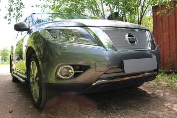 5 549 р. Защитная сетка в бампер (низ, 2 части, ячейка 4х10 мм) Стрелка11 Премиум  Nissan Pathfinder  R52 (2012-2017) дорестайлинг (Хром)  с доставкой в г. Вологда. Увеличить фотографию 2